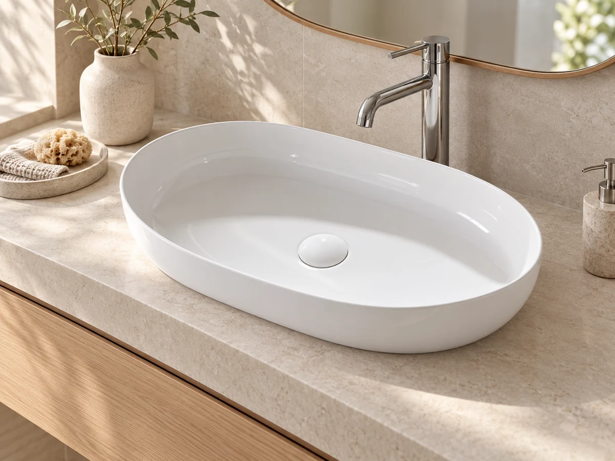 Oval white ceramic basin on a stone countertop above an oak vanity