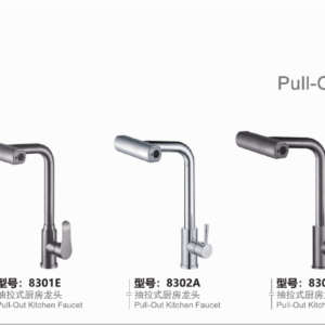 Angular pull-out kitchen faucets 8301A, 8301E, 8302A, 8302E and 8303E with straight upper spouts