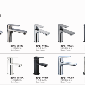 Angular basin mixers 8022, 8027 and 8028 beside rounded 8021 and 8029 versions