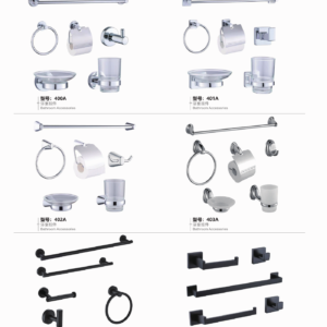 Bathroom hardware accessory sets 400A to 405B with round and square bases, towel bars, rings, hooks and holders