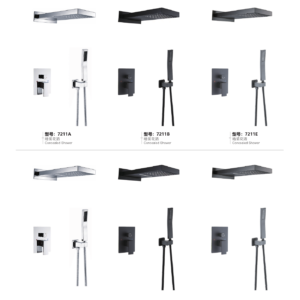 Wide-arm concealed shower sets 7211 and 7212 with rectangular heads and handsets
