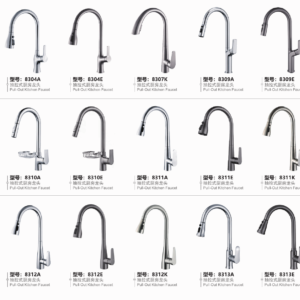 Curved pull-out kitchen faucets 8304 to 8313 with different heads and selected side baskets