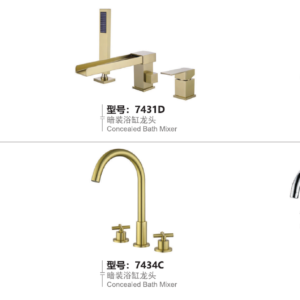 Deck-mounted bath mixer sets 7430A to 7435A with separate spouts, controls and selected handsets