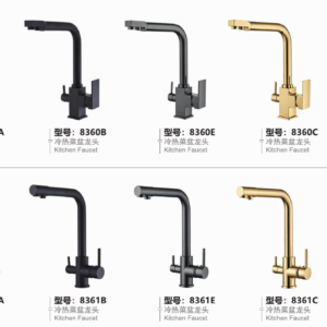 Kitchen mixer taps 8360 and 8361 showing angular or cylindrical bodies with rigid bent spouts