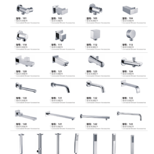 Shower installation components 101 to 163 including holders, outlet elbows, spouts, wall and ceiling arms and slim handsets