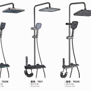 Exposed button shower sets 7020E 7021 and 7024E with square heads and coiled-hose spray attachments