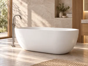Freestanding bathtub bathroom scene White oval freestanding bathtub in a sunlit stone and oak bathroom scene