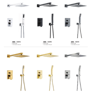 Wall and ceiling shower sets collection: 7207 wall-arm heads with handsets in six pictured versions