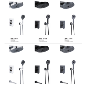 Round wide-arm shower sets 7213A B E and 7214A B E with circular heads and optional lower spouts