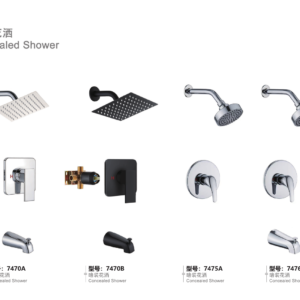 Concealed shower valve kits 7470A 7470B 7475A and 7476A showing heads, control trim and optional bath spouts