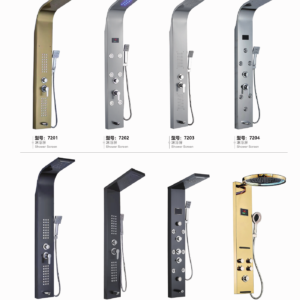 Shower panel systems 7201 to 7208 with curved or angular panels and round-head alternative