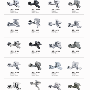 Wall-mounted bath mixers 8601 to 8620 with exposed bodies and different bath spout shapes