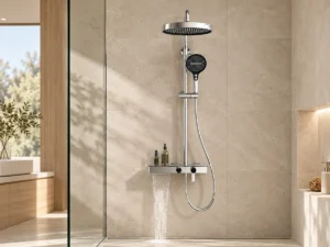 Exposed shower system scene Chrome exposed shower system with round rain head and handheld shower on a stone wall