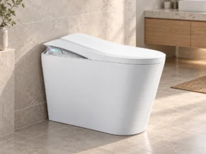 Smart toilet bathroom scene White smart toilet with a slim stepped lid and silver rear control strip in a warm stone bathroom scene