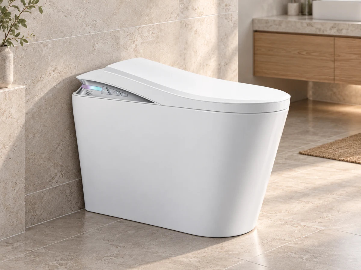 White smart toilet with a slim stepped lid and silver rear control strip in a warm stone bathroom scene