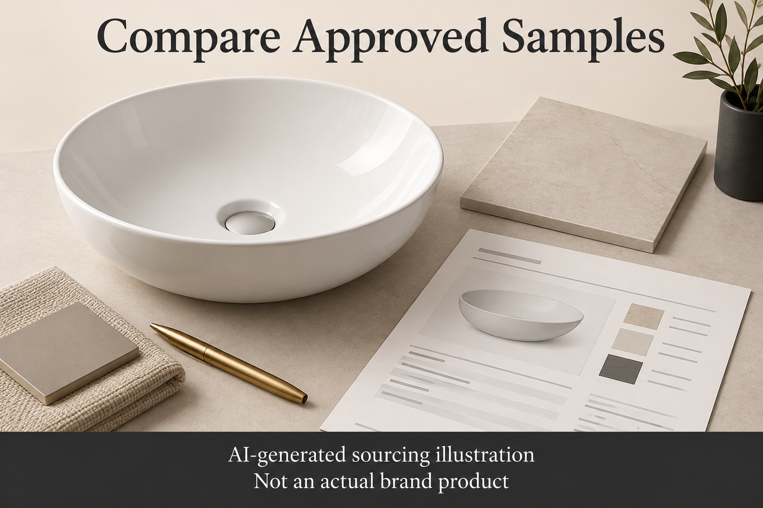 AI-generated bathroom sourcing illustration: compare approved samples; not an actual brand product.