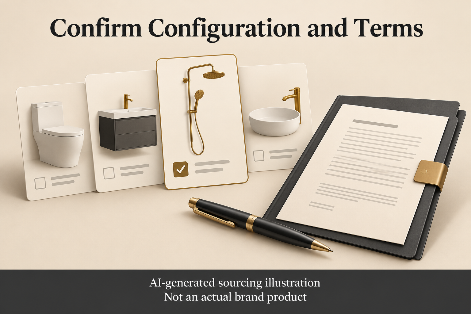 AI-generated bathroom sourcing illustration: confirm configuration and terms; not an actual brand product.