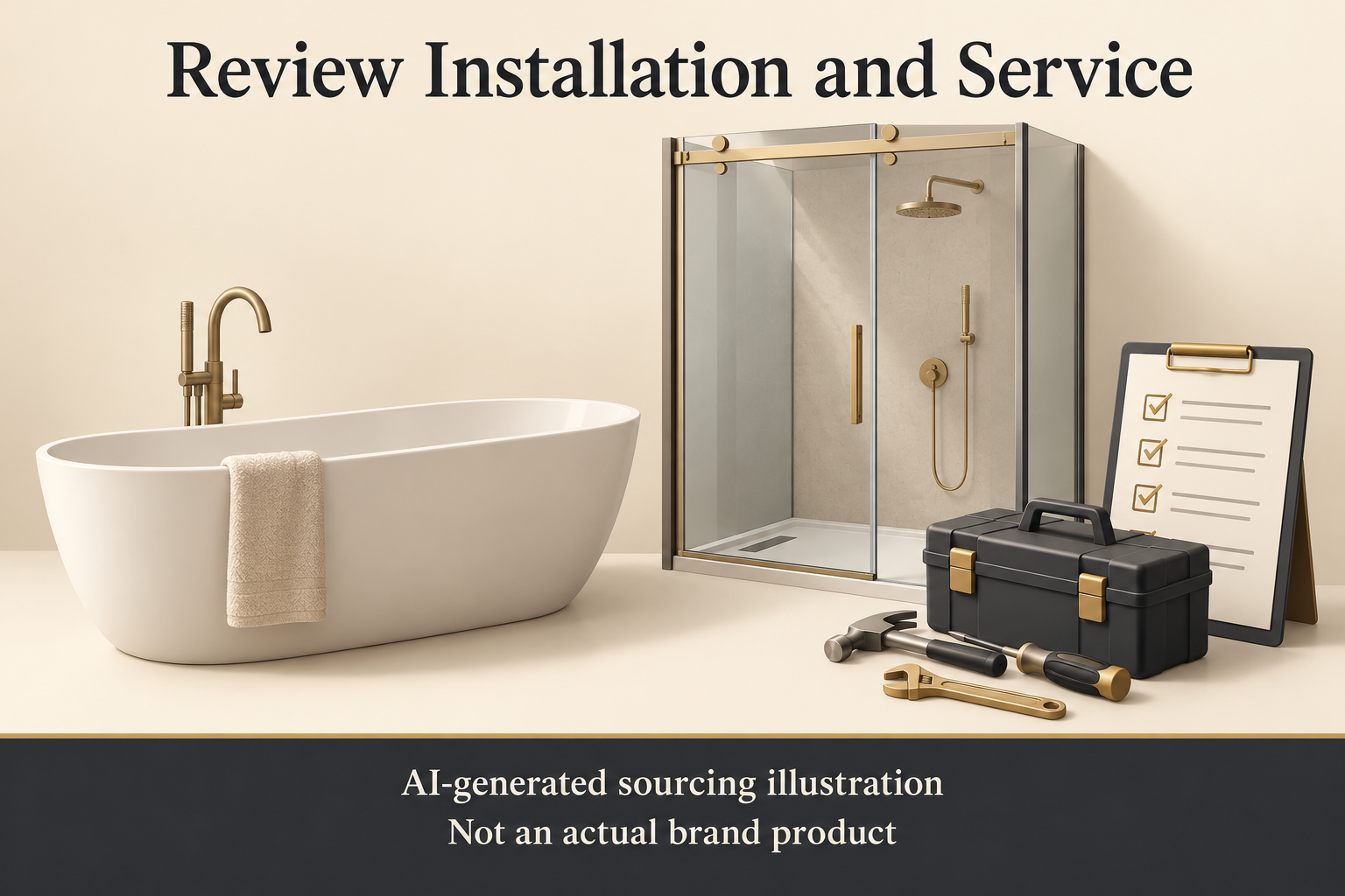 AI-generated bathroom sourcing illustration: review installation and service; not an actual brand product.