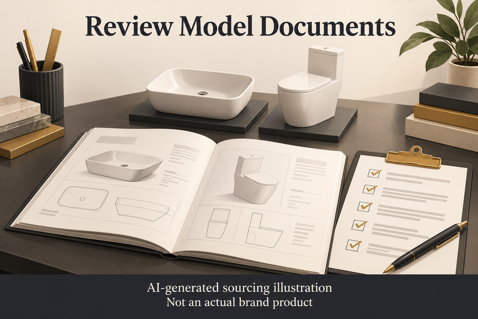 AI-generated bathroom sourcing illustration: review model documents; not an actual brand product.