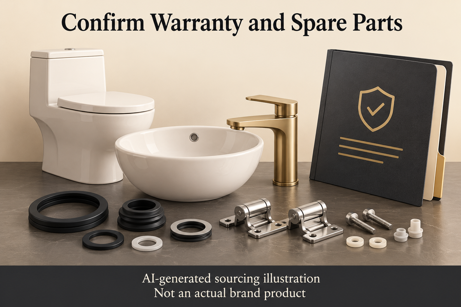 AI-generated bathroom sourcing illustration: confirm warranty and spare parts; not an actual brand product.